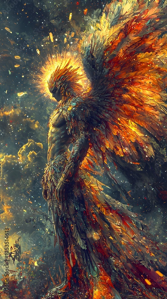 Poster theseus depicted in digital painting set in labyrinth evoking a powerful mood illuminated by celesti