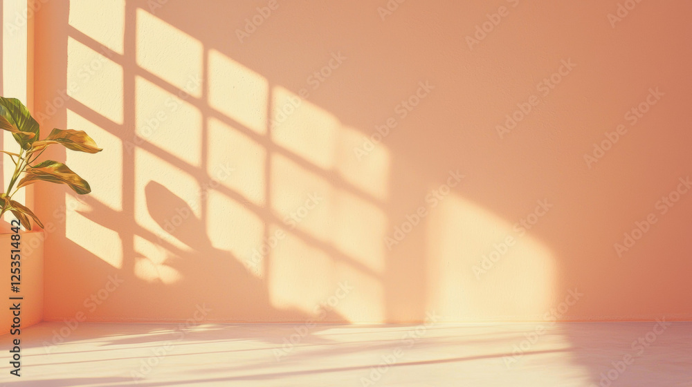 Poster soft peach colored wall with sunlight streaming through window, casting grid like shadows, and green