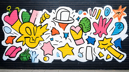 Fototapeta premium Colorful abstract graffiti art on dark brick wall for urban creative projects