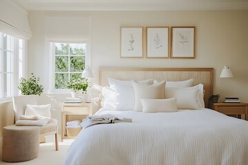 there is a bed with white pillows and a white blanket