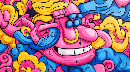 Colorful cartoon-style portrait art of a pink man surrounded by blue, yellow floral doodles on dark backdrop for creative projects