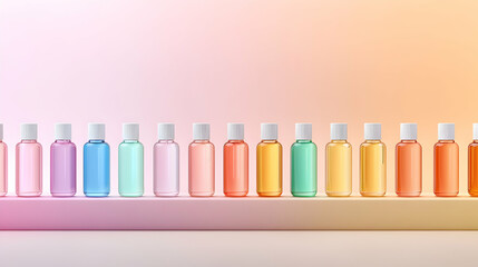 Fototapeta premium Colorful cosmetic bottles arranged in a row for beauty products, showcasing a gradient background perfect for web banner or advertising materials