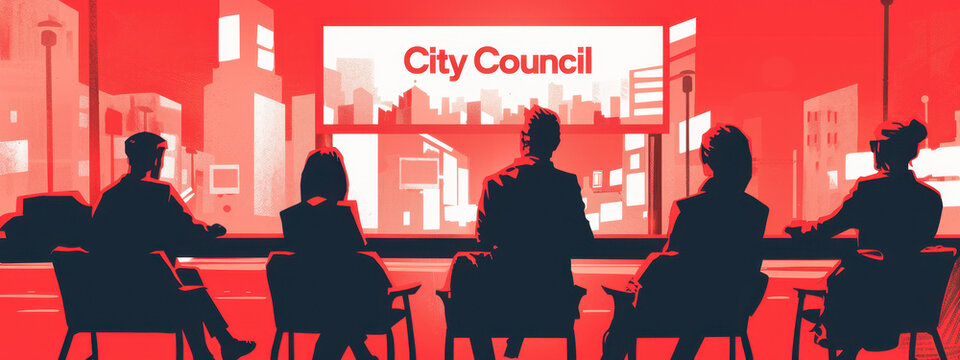 Silhouettes of diverse city council members in a meeting room overlooking an urban skyline, all in striking red tones.