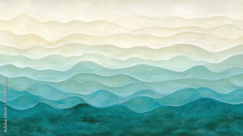Poster abstract painting of layered waves in shades of teal, blue, and cream, creating calming and serene g