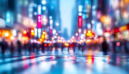 Obraz premium Blurred City Lights, Urban Nightlife Scene With Bokeh And Colorful Reflections On Wet Pavement