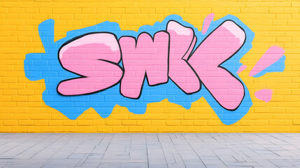 Colorful 'SMK' graffiti art on brick wall. Urban street style, promoting creativity & expression. Background is brick for blog post