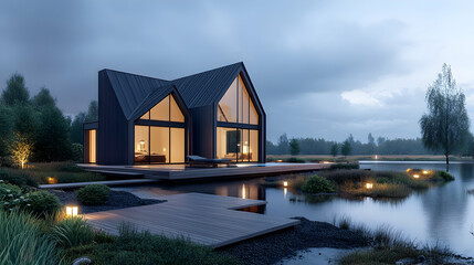 Contemporary house beside serene lake with deck, tranquil reflections, landscaping, twilight sky, for real estate, lifestyle concept