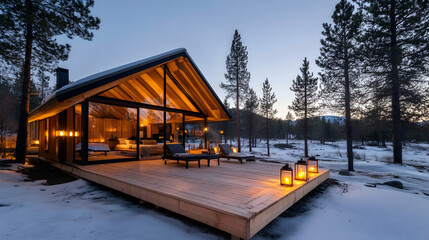 Cosy cabin with warm lights on snow deck in woods at dusk, surrounded by trees, ideal for winter vacation getaways advertisement