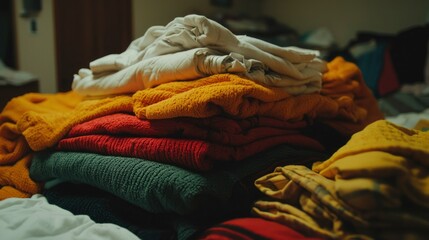 Stacked clothes on bed at night