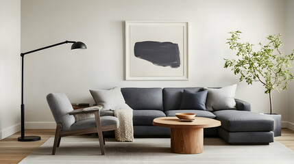 Cozy living room with sofa, art, and greenery offers a relaxing interior design