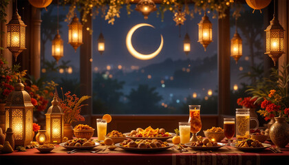 Ramadan feast under crescent moon and lanterns