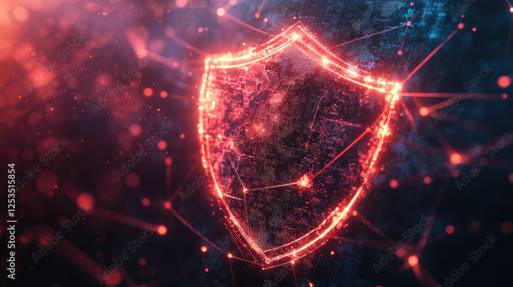 Poster a digital shield icon with a glowing edge, surrounded by network connections, representing strong cy