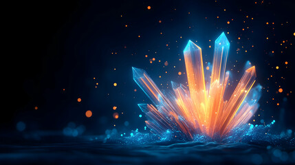 Crystal formation at dark field with orange and blue light. Great for science fiction illustration, mineralogy or geology themed background