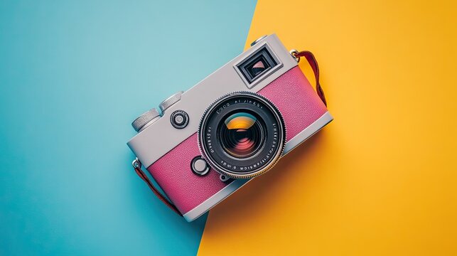 An instant photo camera lying on a colored background, captured from ideal for creative and retro-themed projects, representing the nostalgia of photography and instant memories.