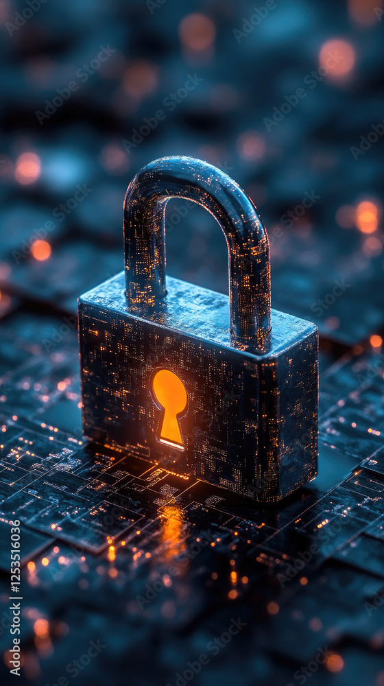 Poster a glowing digital padlock in a dark environment symbolizes cybersecurity and data protection ideal f