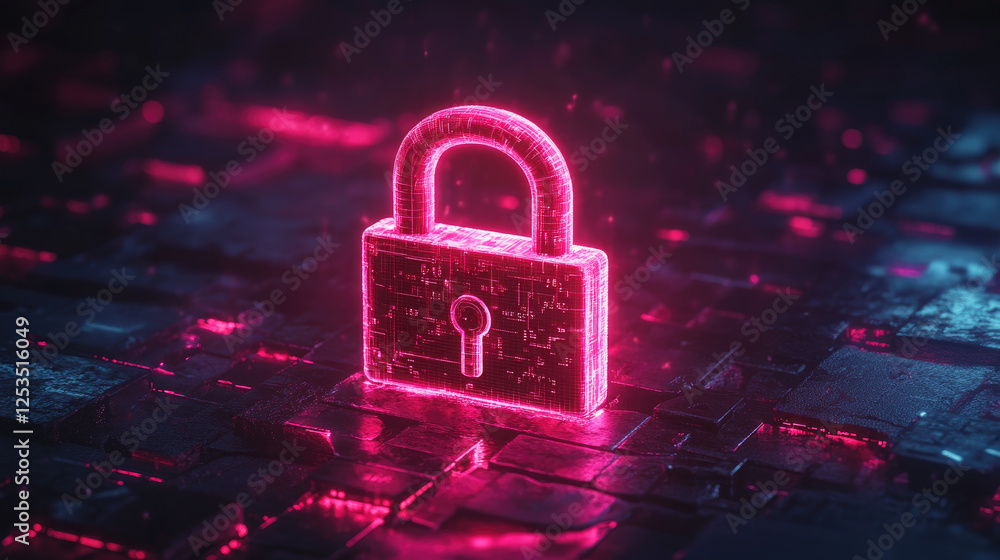 Poster a glowing digital padlock in a dark environment symbolizes cybersecurity and data protection ideal f