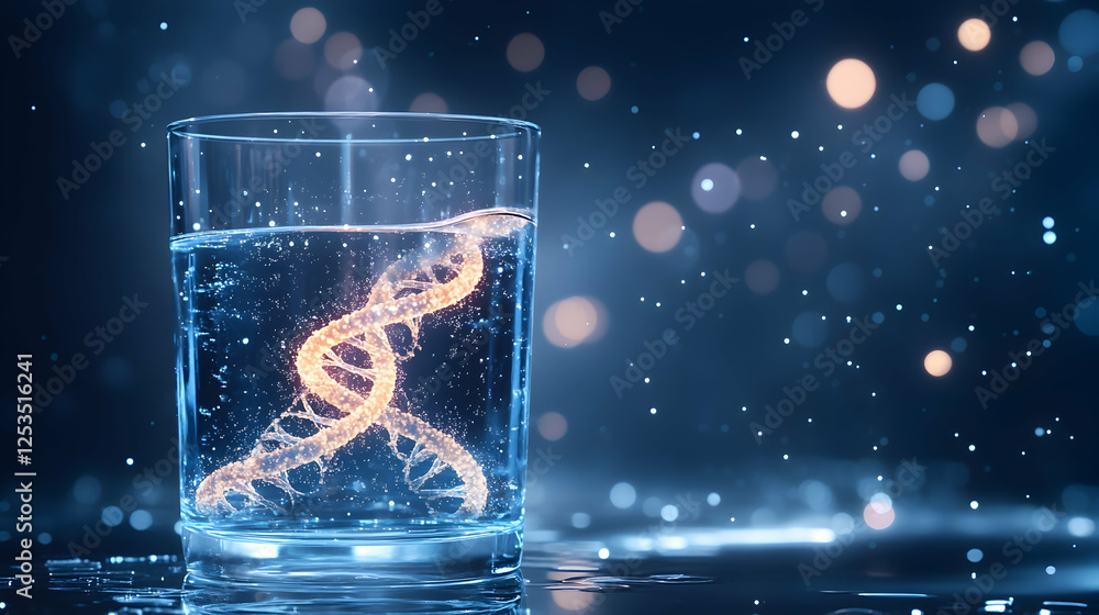 Poster dna helix dissolves into clean water in glass. shiny background with bokeh lights. can be used for s