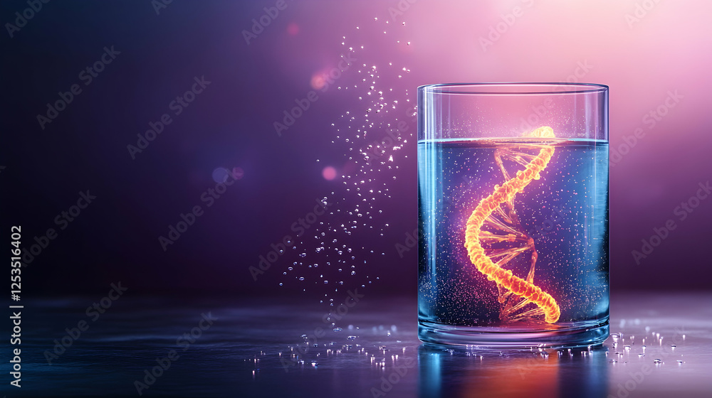 Poster dna model in glass for scientific visualization. abstract background with particles. use science, re