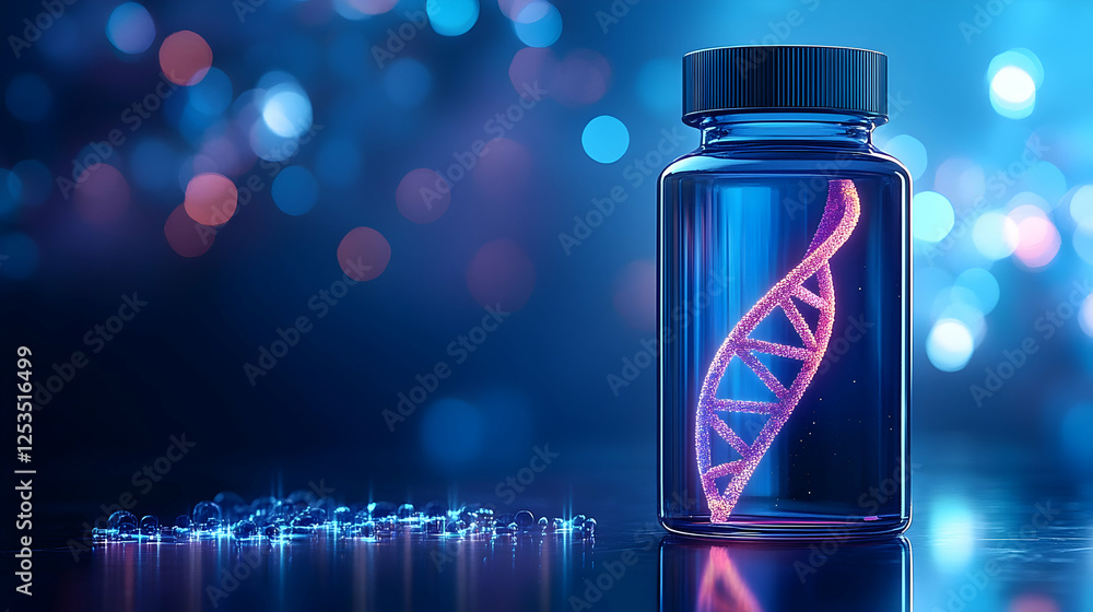 Poster dna strand in a jar with pills on a reflective surface. blue and pink lights create a bokeh backgrou