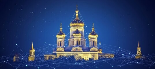 Saint Sophia Cathedral In Kyiv, Ukraine. Digital Network And Connection Lines Over Cityscape.