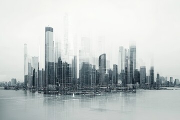 Obraz premium Futuristic city skyline forming from a digital blueprint, concept of largescale business implementation