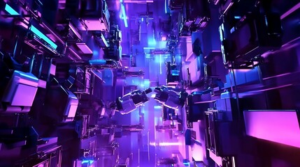 Abstract 3D Render of Geometric Shapes with Purple and Blue Lighting