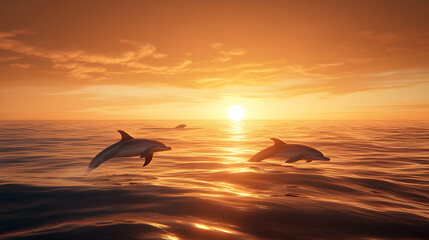 Fototapeta premium Dolphins swimming in ocean at sunset. Nature scene for conservation, tourism or wildlife, marine theme