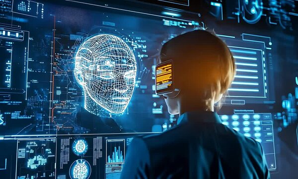 A person wearing a VR headset interacts with a holographic interface displaying data.