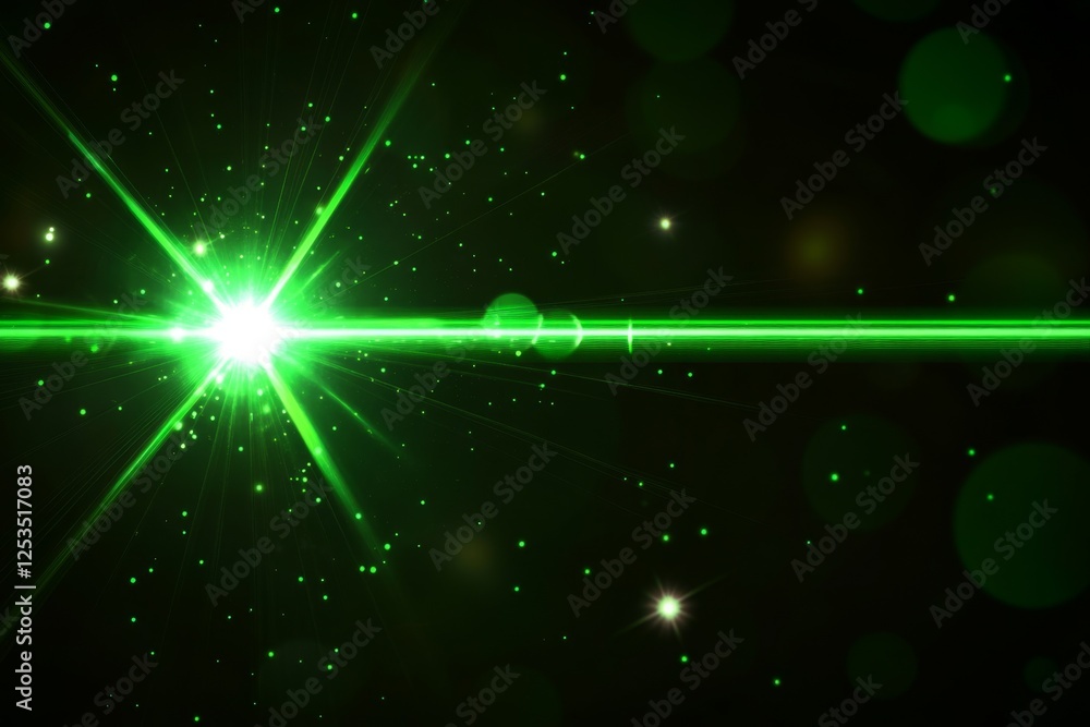 Poster Green laser beam explodes in dark space with bokeh
