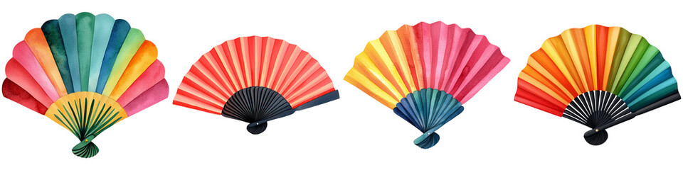 Serene ambiance relaxing and spiritual watercolor, A series of colorful fans displayed in a line, showcasing various vibrant hues and intricate designs.