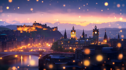 Fototapeta premium Edinburgh cityscape, with the castle in the sunset background, can be used in a travel article, banner or print