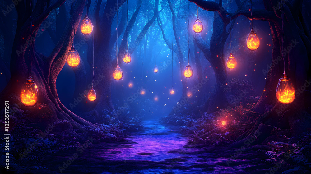 Poster enchanted forest scene with glowing lights illuminating a dark path, creating an atmosphere of magic