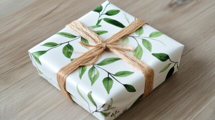 Gift wrapped with green leaves home setting decorative object natural environment close-up view eco-friendly concept