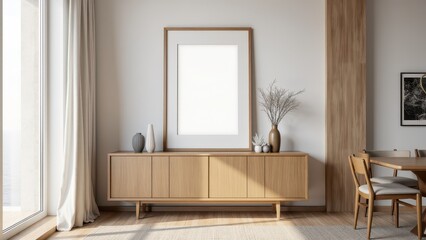 Fototapeta premium Collage Frame Mockup on Shelf, Dining room with frame on sideboard table visible photorealistic.