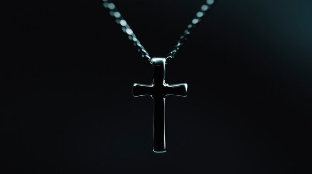 Close-up of a simple crucifix necklace against dark background. Possible use Religion, faith, spirituality stock photography
