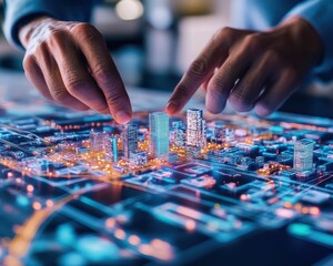 Hands placing small business models on a large digital city blueprint, urban economic strategy