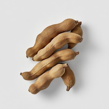 A bunch of sweet tamarind pods with textured shells, realistically rendered to capture their natural imperfections, placed against a plain white background 