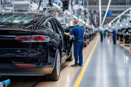 A factory producing electric vehicle batteries, engineers testing new energy-efficient technologies