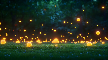 Naklejka premium Fireflies illuminate the grass in a forest. Nature scene for magical, fantasy, or summertime themed projects