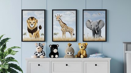there are three pictures of animals on a dresser in a room