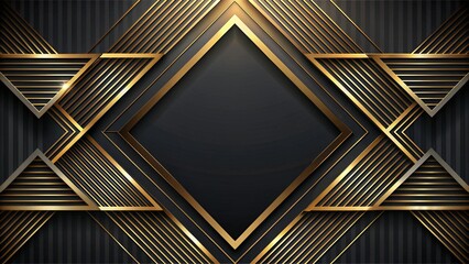 Obraz premium Abstract golden lines on black BG. Luxury universal frame. Premium 3d design. Geometric triangle borders with copy space in center. Right left down up arrows. Modern VIP fashion Black Friday banner 