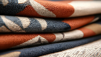 Folded patterned fabrics stacked for textile design. Background displays close-up textile for clothing, decoration
