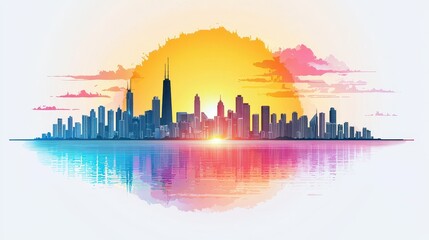 Fototapeta premium A sleek flat vector design of a skyline silhouette at sunset, with bold colors and sharp edges that convey a sense of urban dynamism and creative expression.