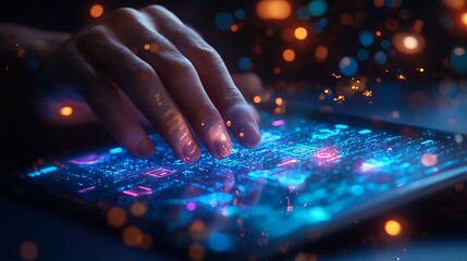Hands Using Futuristic Digital Tablet Interface