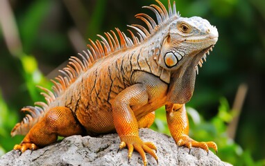 Obraz premium Iguana climbing on rock tropical forest wildlife photography natural habitat close-up vibrant colors