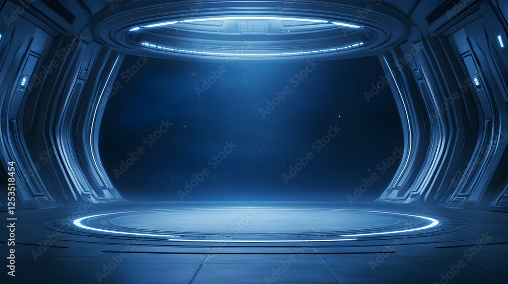 Poster futuristic spaceship interior with a round platform for product display, space and stars in backgrou