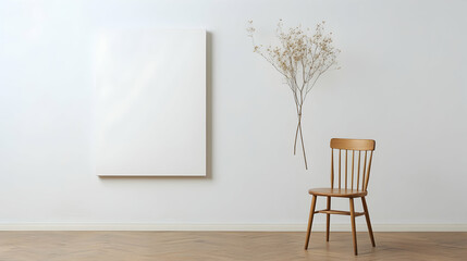 Gallery showcase Blank canvas frame on white wall near chair and plant. Interior art mockup. Room decor for exhibition or advertisement