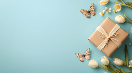 Gift box surrounded by tulips and butterflies on a light blue backdrop, used for a springtime birthday or other celebration