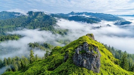 Fototapeta premium Mountaintop sunrise, fog valley, scenic vista, nature photography, travel