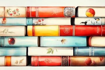 Watercolor Stack of Vintage Books with Botanical  Fruit Illustrations